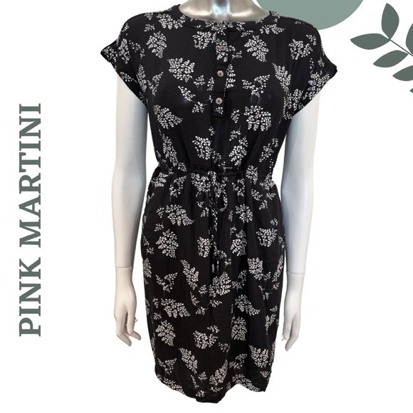 🛍️3/$40 Pink Martini Drawstring Waist Summer Dress | Black White Floral | Small - Picture 1 of 8